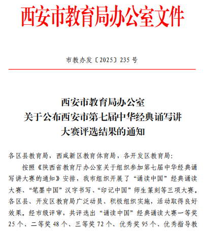 西安锦园学校师生在西安市第七届中华经典诵写讲大赛中获奖